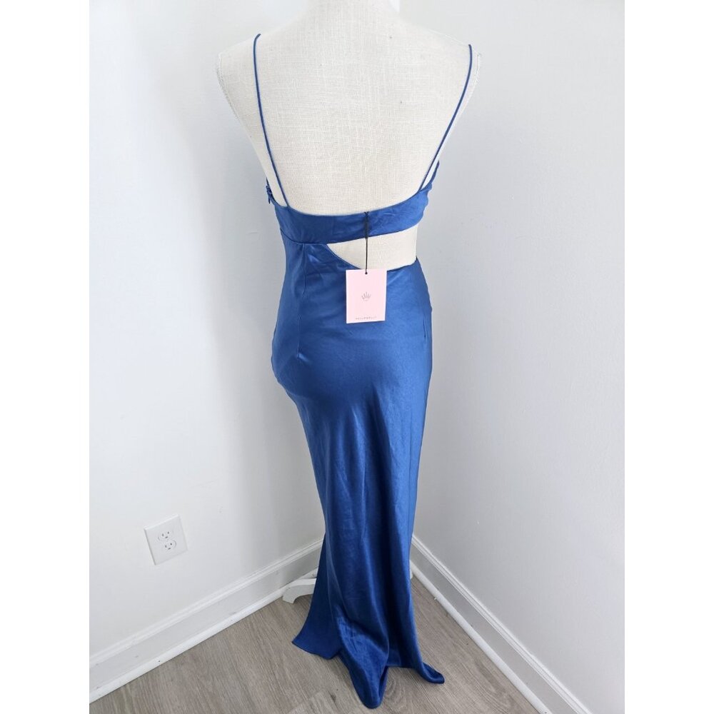 Hello Molly Oceanic Eyes Satin Royal Blue Cut Out Slit Sleeveless Maxi Dress S 4 - Picture 8 of 15